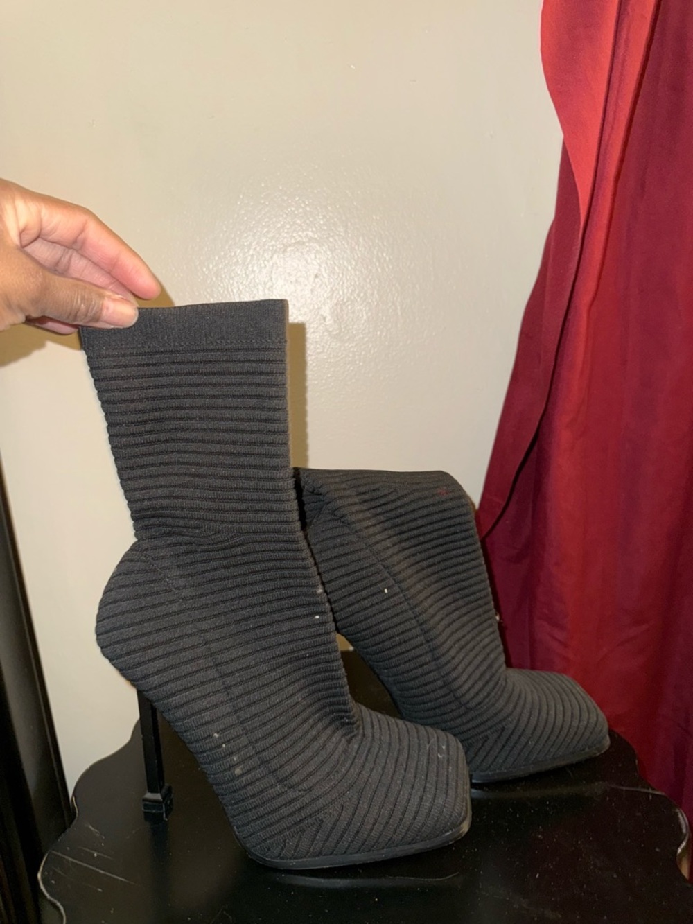 Black Ribbed Sock Ankle Boots - High Heel